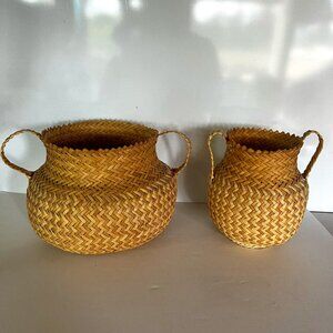 Set 2 Wicker Hand Woven Baskets Tan Handles Tarahumara Planters Boho RARE